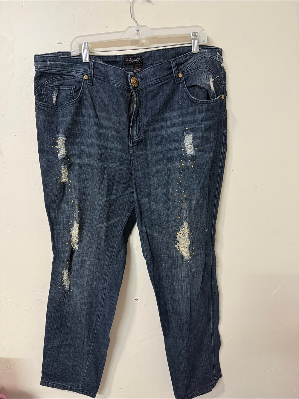 Baby Phat Distressed Dark Blue Jeans with Gold Stud Accents Y2K